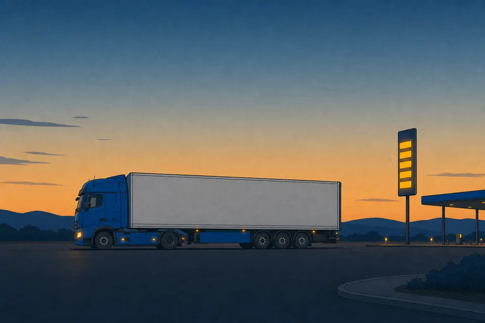 Sattelzug bei Abenddämmerung an einer Autobahn-Raststätte